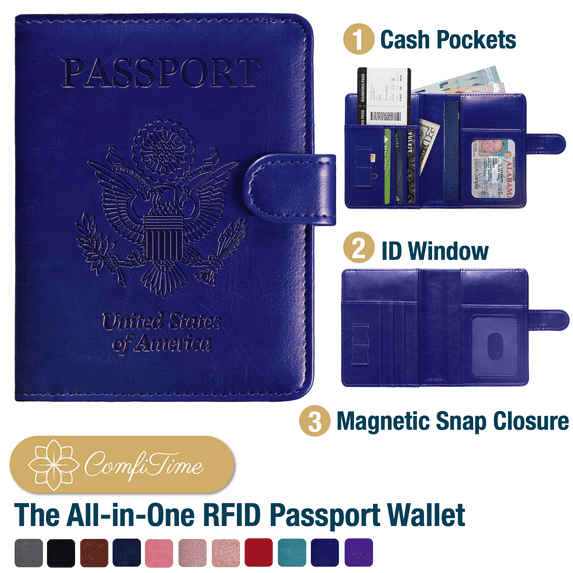 ComfiTime Passport Holder – RFID Blocking Passport Travel Wallet, Waterproof PU Leather Passport Cover Case for Men/Women, Anti-Theft ID, Card & Boarding Pass Holder & Travel Organizer, Royal Blue