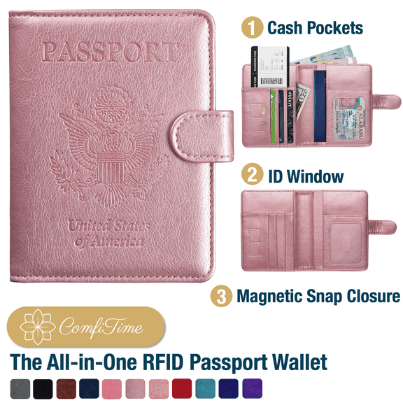 ComfiTime Passport Holder – RFID Blocking Passport Travel Wallet, Waterproof PU Leather Passport Cover Case for Men/Women, Anti-Theft ID, Card & Boarding Pass Holder & Travel Organizer, Rose Gold