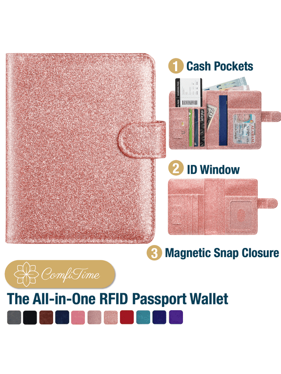 Passport Holder – RFID Blocking Passport Travel Wallet, Waterproof PU Leather Passport Cover Case for Men/Women, Anti-Theft ID, Card & Boarding Pass Holder & Travel Organizer, Glitter Rose