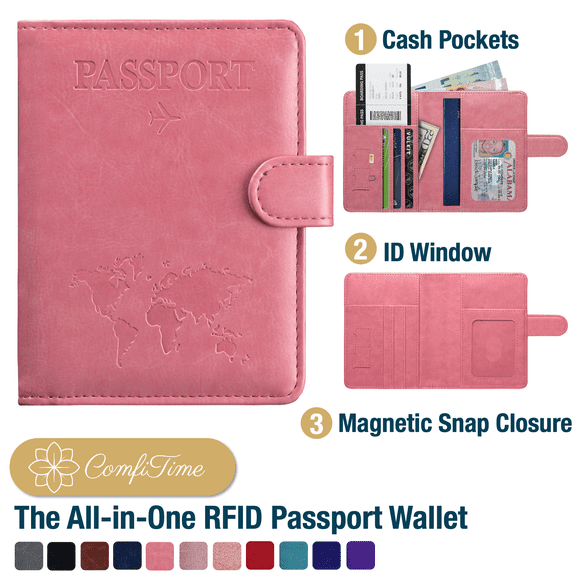 ComfiTime Passport Holder – RFID Blocking Passport Travel Wallet, Waterproof PU Leather Passport Cover Case for Men/Women, Anti-Theft ID, Card & Boarding Pass Holder & Travel Organizer, Light Pink