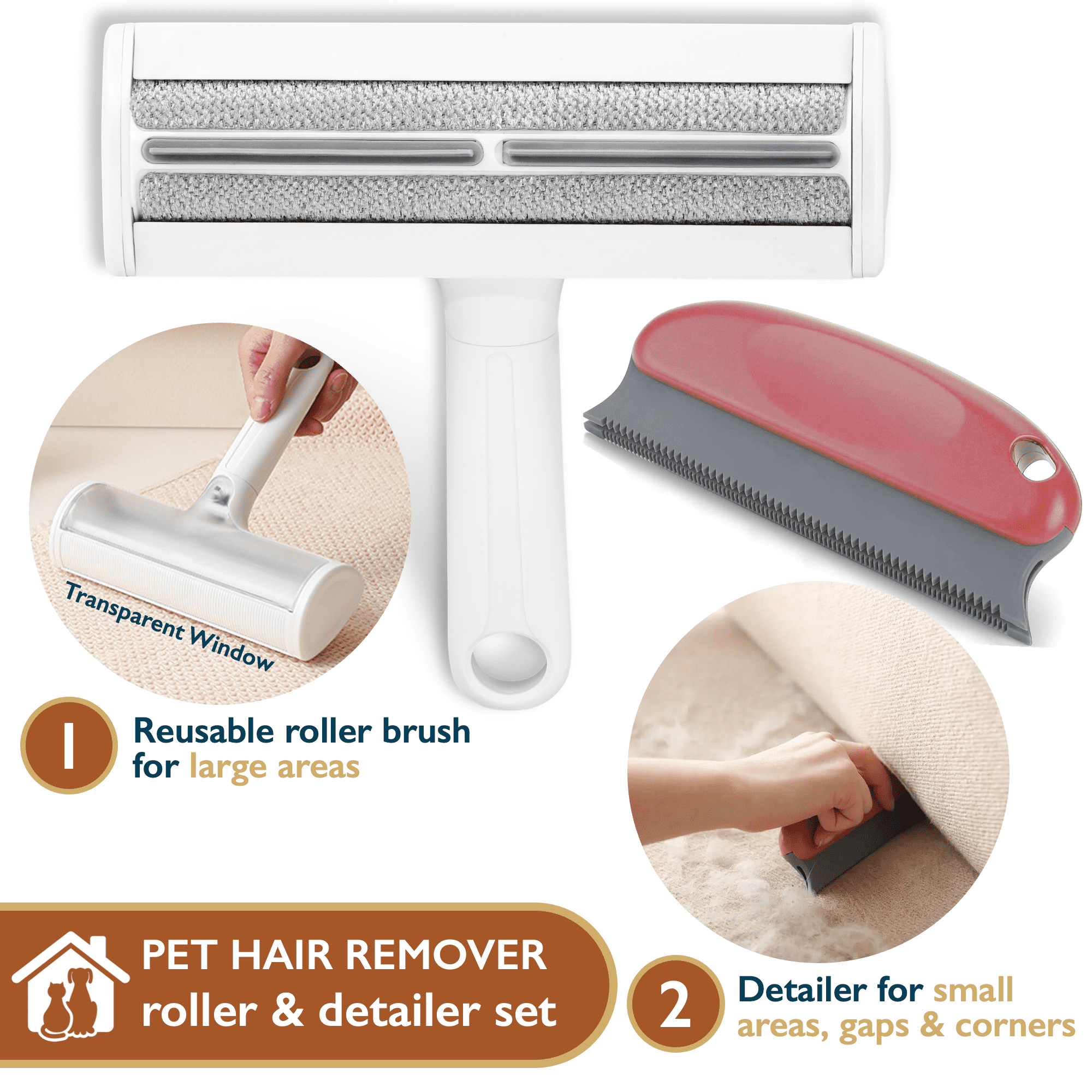 ComfiTime Pet Hair Remover Pet Hair Roller Detailer Set Reusable Lint Roller for Pet Hair Dog Cat Hair Pet Fur Remover for Furniture