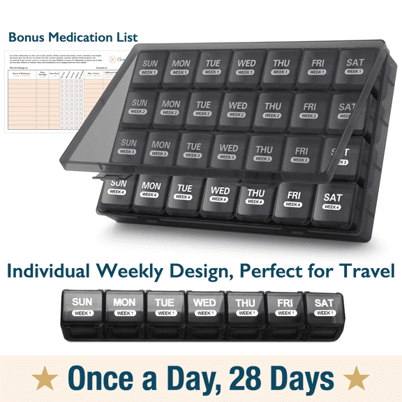 ComfiTime Pill Organizer – 28-Day Large Monthly Pill Case, Once-a-Day (Daily), Includes 4 Weekly Travel Pill Boxes/Containers, Pill Dispenser/Reminder for Medication, Supplements and Vitamins, Black