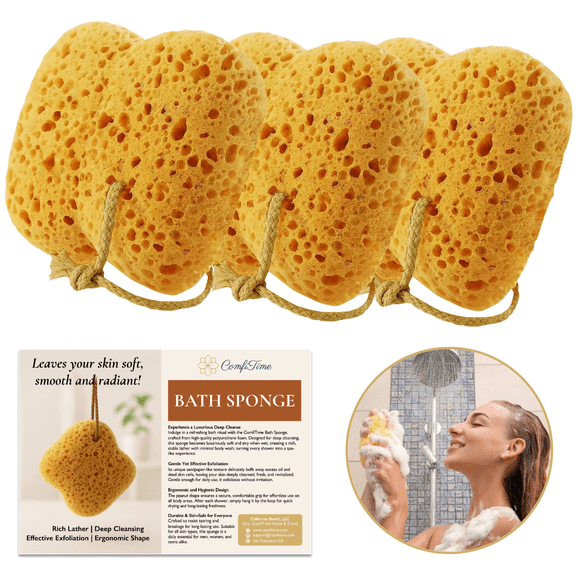 ComfiTime Exfoliating Bath Sponge 3Pack, Soft Foam Shower Body Sponge for Men / Women / Kids, Rich Lather Back Wash Sponge, Gentle Exfoliating Body Scrubber, Deep Cleansing, Quick-Drying