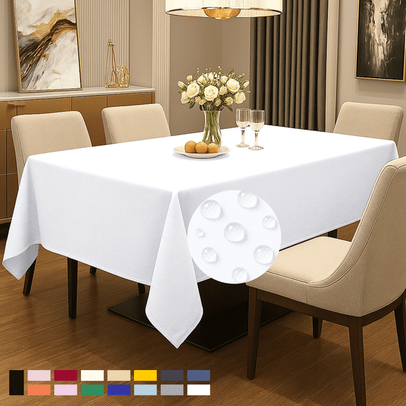 ComfiTime Tablecloth – 60 x 102 Durable Polyester Fabric Table Cover Cloth for 6-7 ft Rectangle Table, Spill/Stain-Resistant, Reusable/Washable, Indoor/Outdoor Dining/Party/Wedding/Banquet, White