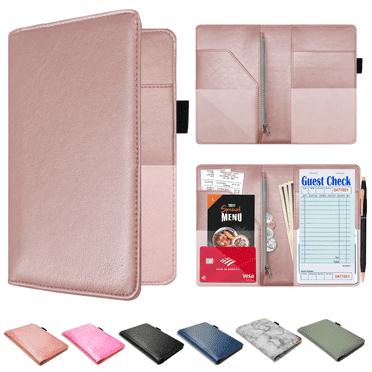 ComfiTime Server Book for Waitress – PU Leather Waitress/Waiter Book with Zipper Pocket for Money/Coins, Serving Book Organizer Wallet w/ Pen Holder, Guest Check Presenters for Restaurant, Rose Gold