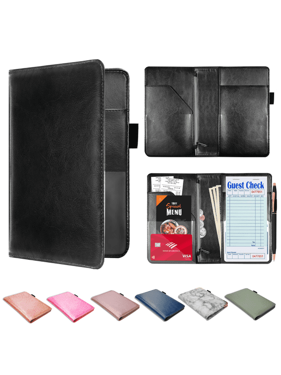 Server Book for Waitress – PU Leather Waitress/Waiter Book with Zipper Pocket for Money/Coins, Serving Book Organizer Wallet w/ Pen Holder, Guest Check Presenters for Restaurant, Black