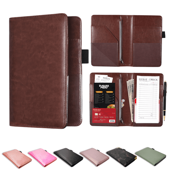 ComfiTime Server Book for Waitress–PU Leather Waitress/Waiter Book w/ Zipper Pocket for Money/Coins, Serving Book Organizer Wallet w/ Pen Holder, Guest Check Presenters for Restaurant, Brown