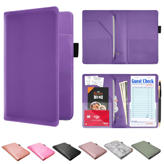ComfiTime Server Book for Waitress – PU Leather Waitress/Waiter Book with Zipper Pocket for Money/Coins, Serving Book Organizer Wallet w/ Pen Holder, Guest Check Presenters for Restaurant, Purple