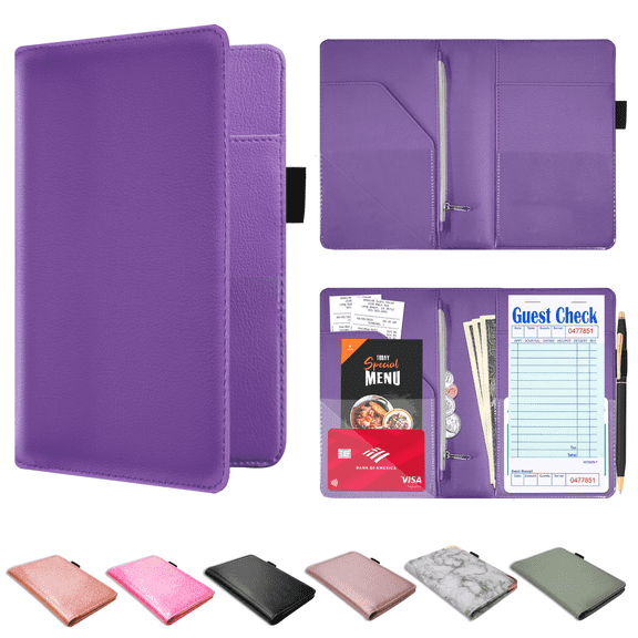 ComfiTime Server Book for Waitress – PU Leather Waitress/Waiter Book with Zipper Pocket for Money/Coins, Serving Book Organizer Wallet w/ Pen Holder, Guest Check Presenters for Restaurant, Purple