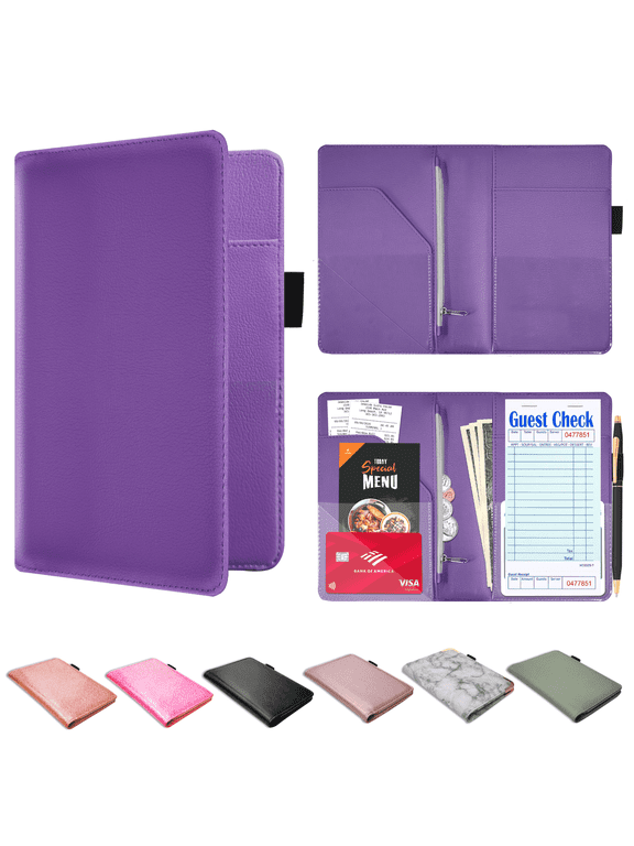 Server Book for Waitress – PU Leather Waitress/Waiter Book with Zipper Pocket for Money/Coins, Serving Book Organizer Wallet w/ Pen Holder, Guest Check Presenters for Restaurant, Purple