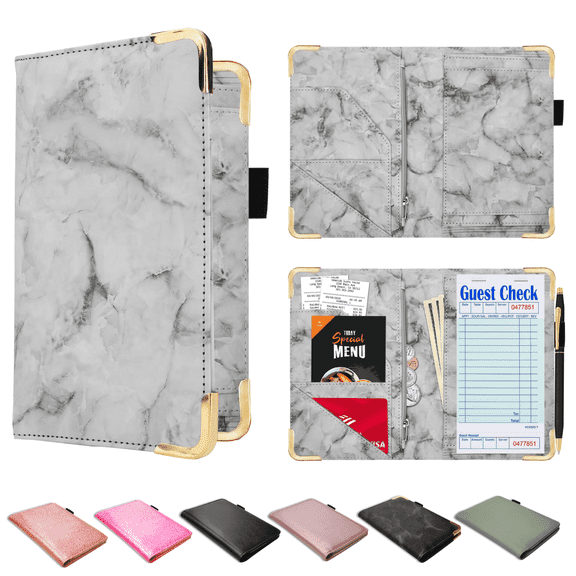 ComfiTime Server Book for Waitress–PU Leather Waitress/Waiter Book w/ Zipper Pocket for Money/Coins, Serving Book Organizer Wallet w/ Pen Holder, Guest Check Presenters for Restaurant, White Marble