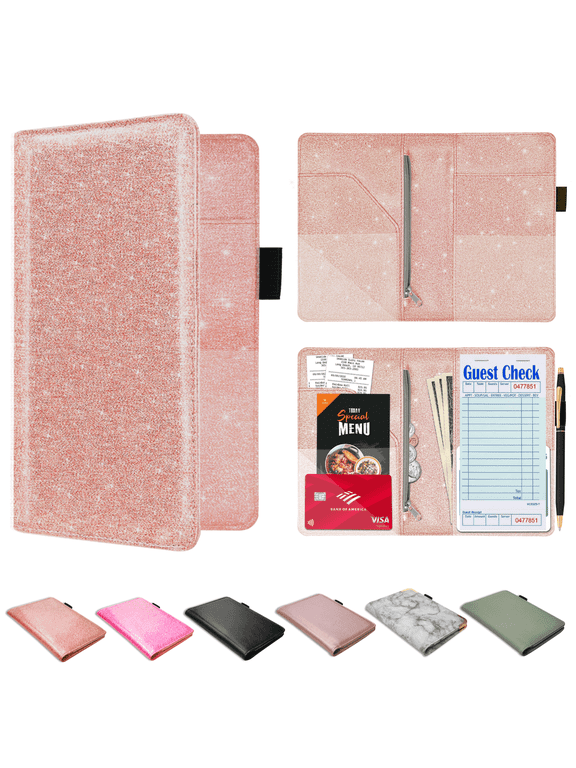 Server Book for Waitress–PU Leather Waitress/Waiter Book w/ Zipper Pocket for Money/Coins, Serving Book Organizer Wallet w/ Pen Holder, Guest Check Presenters for Restaurant, Glitter Rose