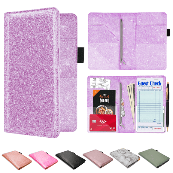 ComfiTime Server Book for Waitress–PU Leather Waitress/Waiter Book w/ Zipper Pocket for Money/Coins, Serving Book Organizer Wallet w/ Pen Holder, Guest Check Presenters for Restaurant, Glitter Purple