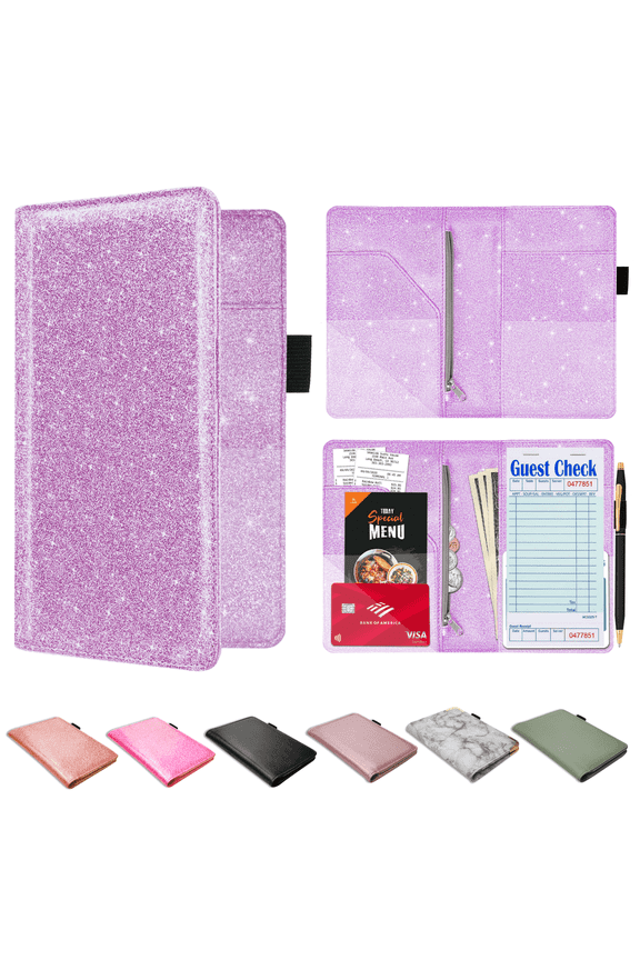 Server Book for Waitress–PU Leather Waitress/Waiter Book w/ Zipper Pocket for Money/Coins, Serving Book Organizer Wallet w/ Pen Holder, Guest Check Presenters for Restaurant, Glitter Purple