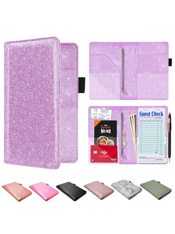 Server Book for Waitress–PU Leather Waitress/Waiter Book w/ Zipper Pocket for Money/Coins, Serving Book Organizer Wallet w/ Pen Holder, Guest Check Presenters for Restaurant, Glitter Purple