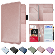 ComfiTime Server Book for Waitress – PU Leather Waitress/Waiter Book with Zipper Pocket for Money/Coins, Serving Book Organizer Wallet w/ Pen Holder, Guest Check Presenters for Restaurant, Rose Gold
