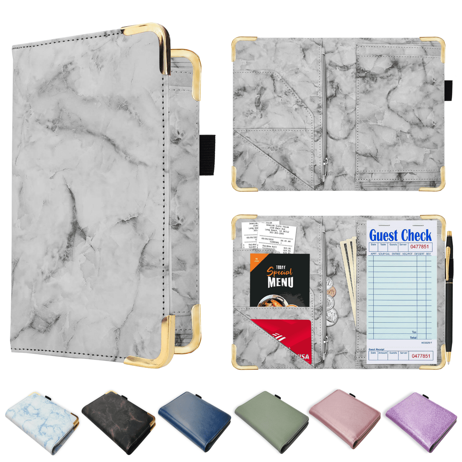 ComfiTime PU Leather Waitress Book Zipper Cash Pocket, Organizer