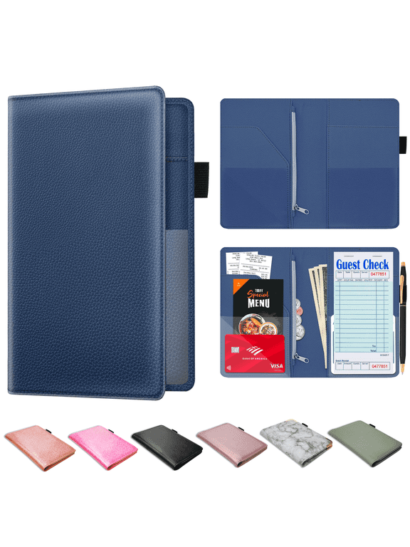 Server Book for Waitress PU Leather with Zipper Pocket, Navy