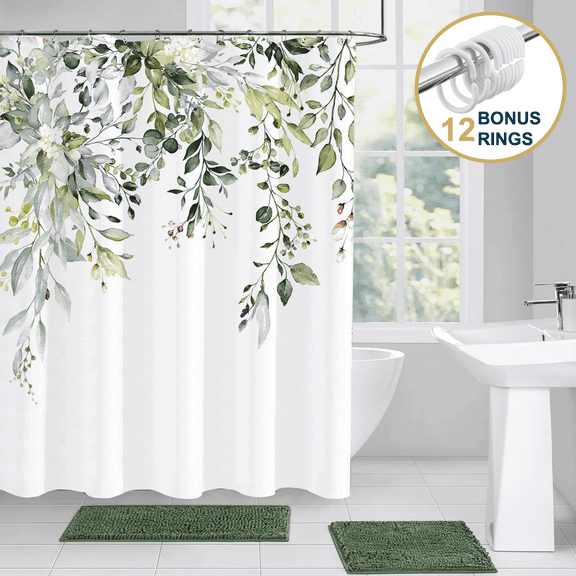 ComfiTime Shower Curtain with Hooks – Heavy-Duty Mold/Mildew-Resistant, Weighted-Hem Fabric Bathroom Curtain, Water-Repellent, Machine-Washable, Fade-Resistant, Hanging Vines Design, Sage, 72 x 72