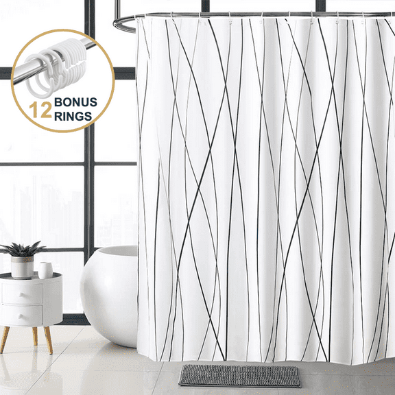 ComfiTime Shower Curtain with Hooks – Heavy-Duty Mold/Mildew-Resistant, Weighted-Hem Fabric Bathroom Curtain, Water-Repellent, Machine-Washable, Fade-Resistant, Wavy Lines, White 72 x 72