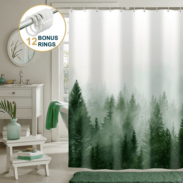 ComfiTime Shower Curtain with Hooks – Heavy-Duty Mold/Mildew-Resistant, Weighted-Hem Fabric Bathroom Curtain, Water-Repellent, Machine-Washable, Fade-Resistant, Misty Forest, Blue, 72 x 72