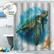 ComfiTime Shower Curtain with Hooks – Heavy-Duty Mold/Mildew-Resistant, Weighted-Hem Fabric Bathroom Curtain, Water-Repellent, Machine-Washable, Fade-Resistant, Turtle, Blue, 72 x 72