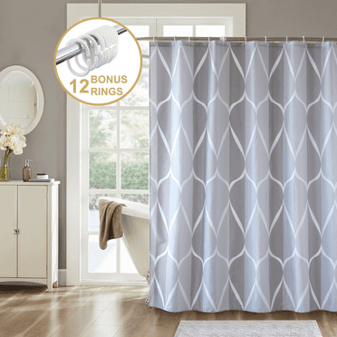 ComfiTime Shower Curtain with Hooks – Heavy-Duty Mold/Mildew-Resistant, Weighted-Hem Fabric Bathroom Curtain, Water-Repellent, Machine-Washable, Fade-Resistant, Wavy Print, 72 x 72, Gray