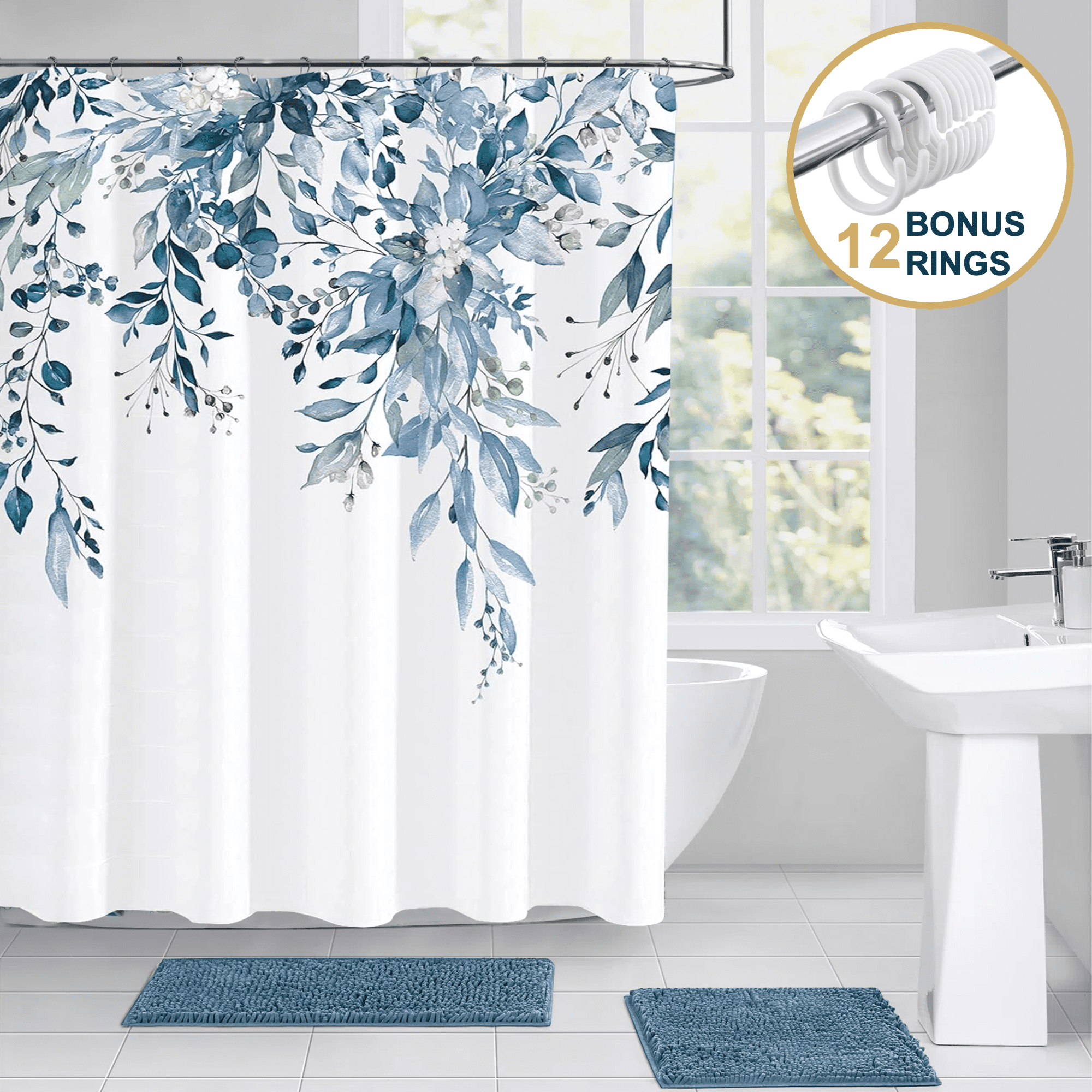 ComfiTime Shower Curtain with Hooks – Heavy-Duty Mold/Mildew-Resistant, Weighted-Hem Fabric Bathroom Curtain, Water-Repellent, Machine-Washable, Fade-Resistant, Hanging Vines Design, Blue, 72 x 72 - Walmart.com