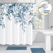 ComfiTime Shower Curtain with Hooks   Heavy-Duty Mold/Mildew-Resistant, Weighted-Hem Fabric Bathroom Curtain, Water-Repellent, Machine-Washable, Fade-Resistant, Hanging Vines Design, Blue, 72 x 72