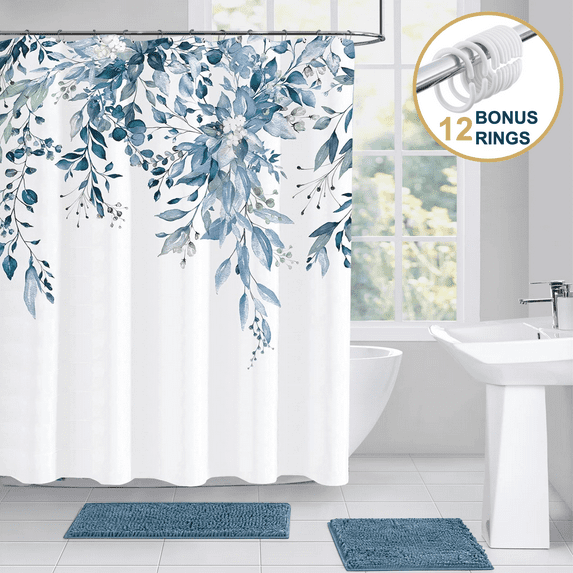ComfiTime Shower Curtain with Hooks – Heavy-Duty Mold/Mildew-Resistant, Weighted-Hem Fabric Bathroom Curtain, Water-Repellent, Machine-Washable, Fade-Resistant, Hanging Vines Design, Blue, 72 x 72