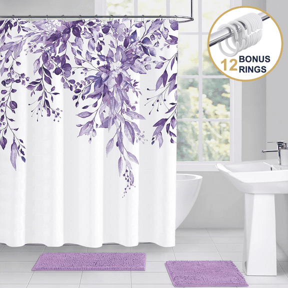 ComfiTime Shower Curtain with Hooks – Heavy-Duty Mold/Mildew-Resistant, Weighted-Hem Fabric Bathroom Curtain, Water-Repellent, Machine-Washable, Fade-Resistant, Hanging Vines Design, Purple, 72 x 72