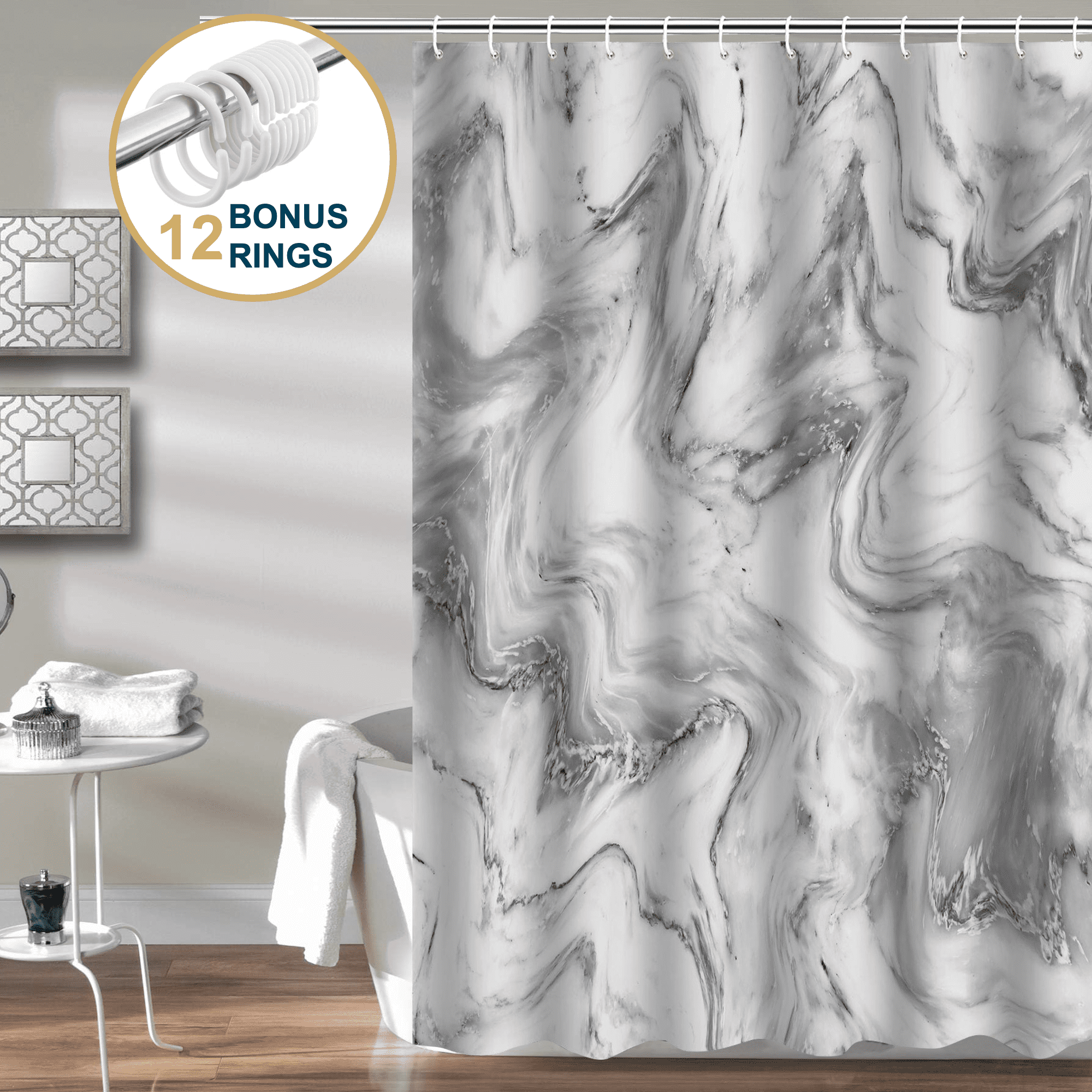 ComfiTime Shower Curtain with Hooks – Heavy-Duty, Weighted-Hem Fabric Bathroom Curtain, Water-Repellent, Machine-Washable, Fade-Resistant, Marble, Gray, 72 x 72