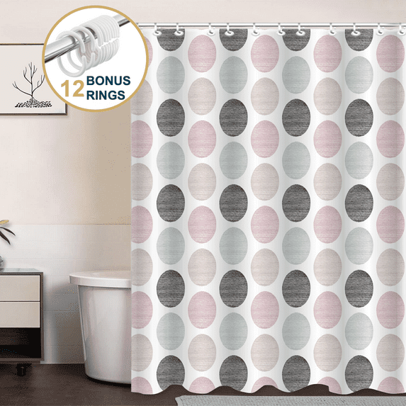 ComfiTime Shower Curtain with Hooks – Heavy-Duty Mold/Mildew-Resistant, Weighted-Hem Fabric Bathroom Curtain, Water-Repellent, Machine-Washable, Fade-Resistant, Polka Dots, 72 x 72