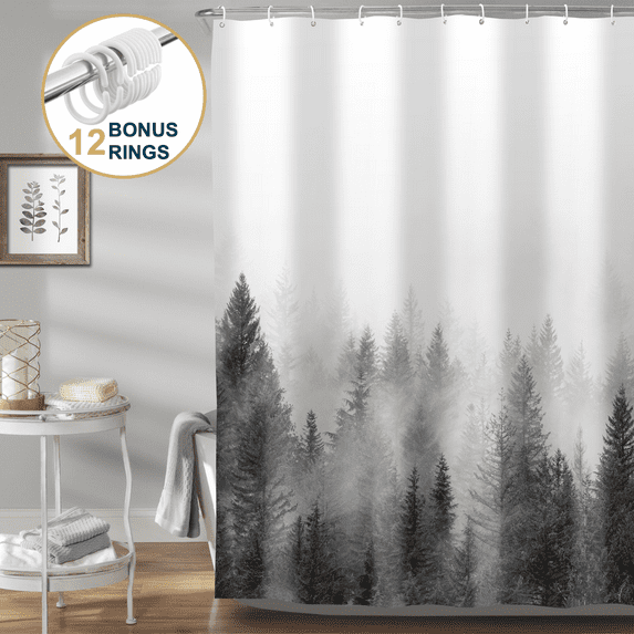 ComfiTime Shower Curtain with Hooks – Heavy-Duty Mold/Mildew-Resistant, Weighted-Hem Fabric Bathroom Curtain, Water-Repellent, Machine-Washable, Fade-Resistant, Misty Forest, Gray, 72 x 72