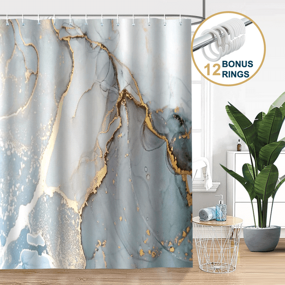 ComfiTime Shower Curtain with Hooks – Heavy-Duty Mold/Mildew-Resistant, Weighted-Hem Fabric Bathroom Curtain, Water-Repellent, Machine-Washable, Fade-Resistant, Marble, Blue Gray, 72 x 72
