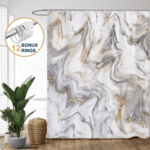 ComfiTime Shower Curtain with Hooks – Heavy-Duty Mold/Mildew-Resistant, Weighted-Hem Fabric Bathroom Curtain, Water-Repellent, Machine-Washable, Fade-Resistant, Marble, Gray Gold, 72 x 72