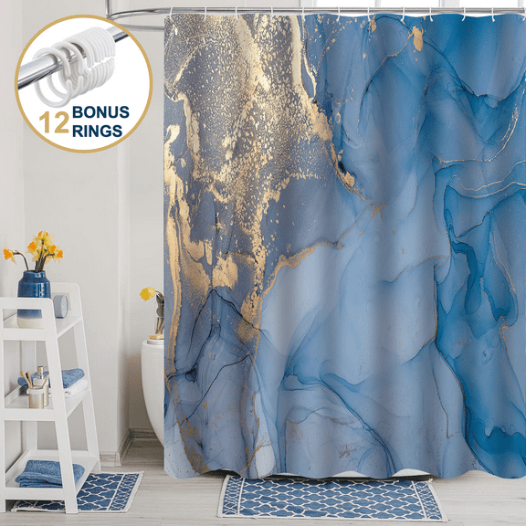 ComfiTime Shower Curtain with Hooks – Heavy-Duty Mold/Mildew-Resistant, Weighted-Hem Fabric Bathroom Curtain, Water-Repellent, Machine-Washable, Fade-Resistant, Marble, Blue Gold, 72 x 72