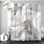 ComfiTime Shower Curtain with Hooks – Heavy-Duty Mold/Mildew-Resistant, Weighted-Hem Fabric Bathroom Curtain, Water-Repellent, Machine-Washable, Fade-Resistant, Marble, Light Gray Gold, 72 x 72