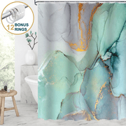 ComfiTime Shower Curtain with Hooks – Heavy-Duty Mold/Mildew-Resistant, Weighted-Hem Fabric Bathroom Curtain, Water-Repellent, Machine-Washable, Fade-Resistant, Marble, Blue Gold, 72 x 72