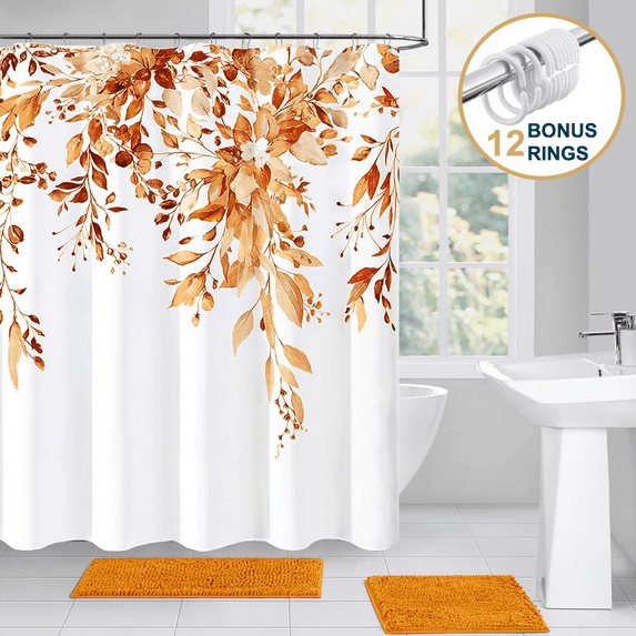 ComfiTime Shower Curtain with Hooks – Heavy-Duty Mold/Mildew-Resistant, Weighted-Hem Fabric Bathroom Curtain, Water-Repellent, Machine-Washable, Fade-Resistant, Hanging Vines Design, Orange, 72 x 72