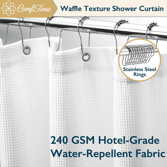 ComfiTime Shower Curtain with Hooks ā 72*72 in, 240GSM Heavy-Duty Mold/Mildew-Resistant, Weighted-Hem Waffle Weave Fabric Bathroom Curtain, Water-Repellent, Machine-Washable, Fade-Resistant, White