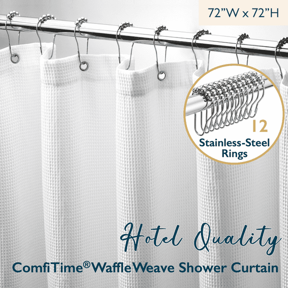 ComfiTime Shower Curtain with Hooks – 240GSM Heavy-Duty Mold/Mildew-Resistant, Weighted-Hem Waffle Weave Fabric Bathroom Curtain, Water-Repellent, Machine-Washable, Fade-Resistant, 72*72, White