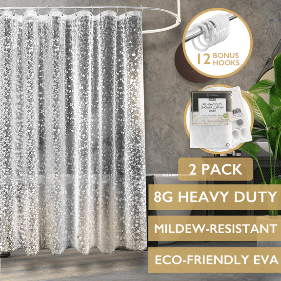 ComfiTime Shower Curtain Liner | 8G Heavy-Duty Waterproof Shower Curtain Liner, 100% EVA Mildew Resistant Material, 3 Magnetic Weights, Rustproof Brass Grommets, 12 Hooks, 72" W x 72” H, 2 Pack