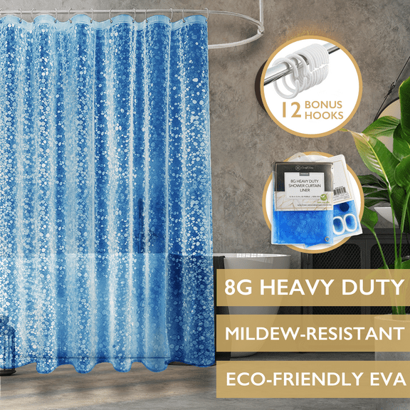 ComfiTime Shower Curtain Liner | 8G Heavy-Duty Waterproof Shower Curtain Liner, 100% EVA Mildew Resistant Material, 3 Magnetic Weights, Rustproof Brass Grommets, 12 Hooks, 72" W x 72” H, Blue
