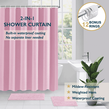 ComfiTime Shower Curtain/Liner with Hooks – 2-in-1 Mold/Mildew-Resistant, Weighted-Hem Fabric Bathroom Curtain, Water-Repellent TPU Coating, Machine-Washable, Fade-Resistant, Blush Pink, 36*72