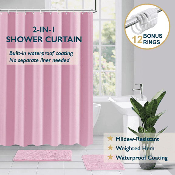 ComfiTime Shower Curtain/Liner with Hooks – 2-in-1 Mold/Mildew-Resistant, Weighted-Hem Fabric Bathroom Curtain, Water-Repellent TPU Coating, Machine-Washable, Fade-Resistant, Blush Pink, 72*78