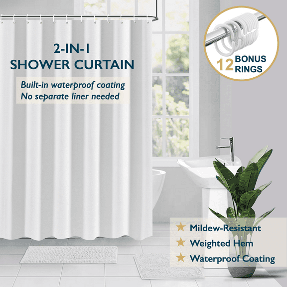 ComfiTime Shower Curtain/Liner with Hooks – 2-in-1 Mold/Mildew-Resistant, Weighted-Hem Fabric Bathroom Curtain, Water-Repellent TPU Coating, Machine-Washable, Fade-Resistant, White, 72*72