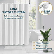 ComfiTime Shower Curtain/Liner with Hooks   2-in-1 Mold/Mildew-Resistant, Weighted-Hem Fabric Bathroom Curtain, Water-Repellent TPU Coating, Machine-Washable, Fade-Resistant, White, 72*72