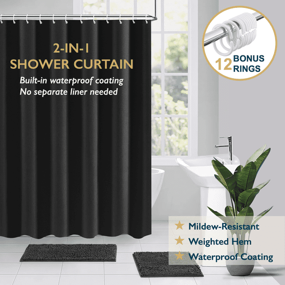 ComfiTime Shower Curtain/Liner with Hooks – 2-in-1 Mold/Mildew-Resistant, Weighted-Hem Fabric Bathroom Curtain, Water-Repellent TPU Coating, Machine-Washable, Fade-Resistant, Black, 36*72