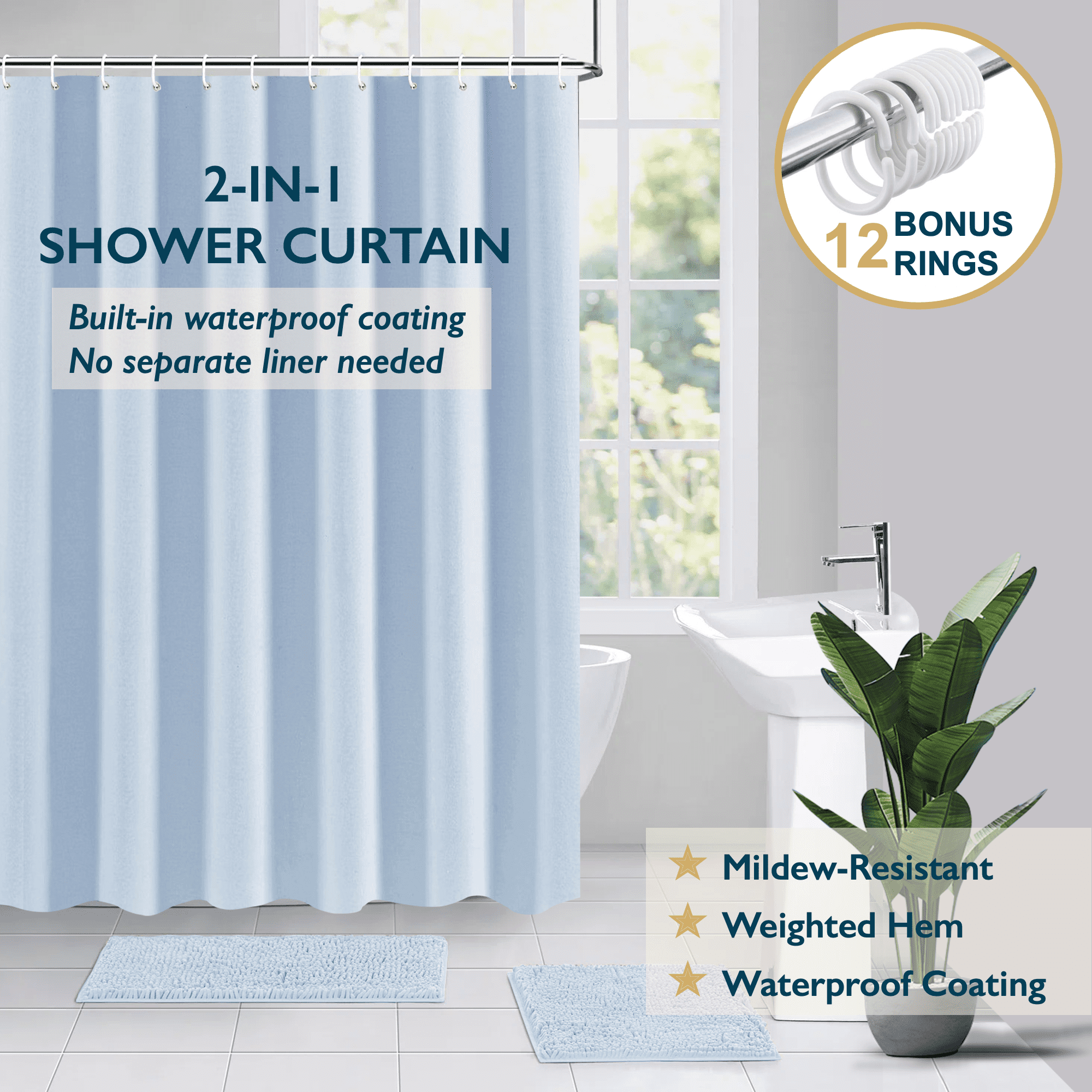 ComfiTime Shower Curtain/Liner with Hooks – 2-in-1 Mold/Mildew ...